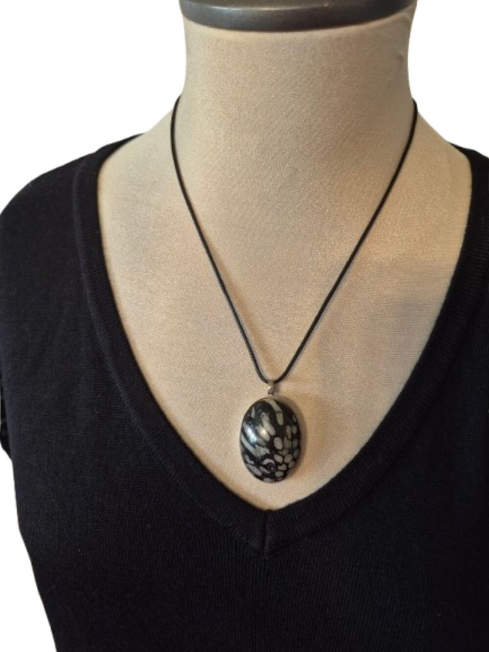925 Silver Pendant Necklace Black and Grey Stone on a Black Cord